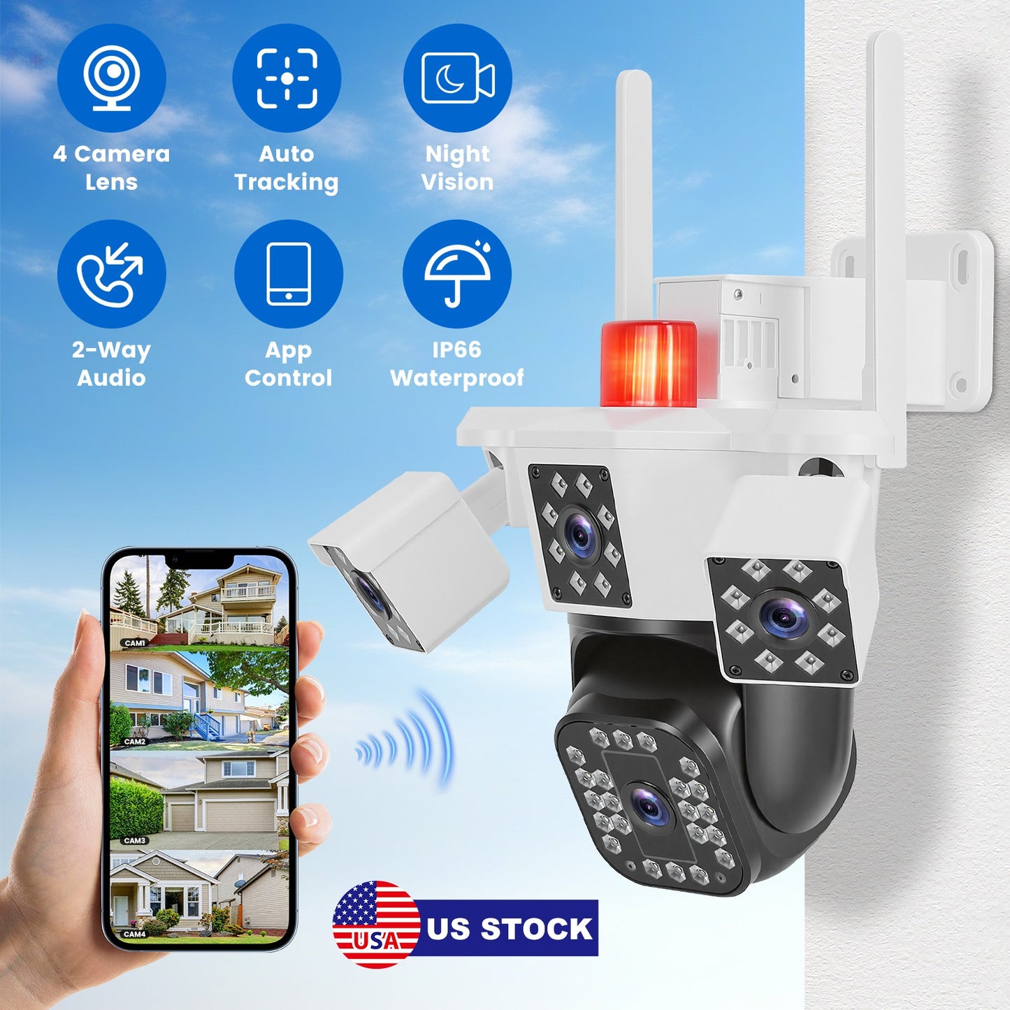 1080P HD 4-Way Camera, Spotlights & Siren, Two-Way Audio