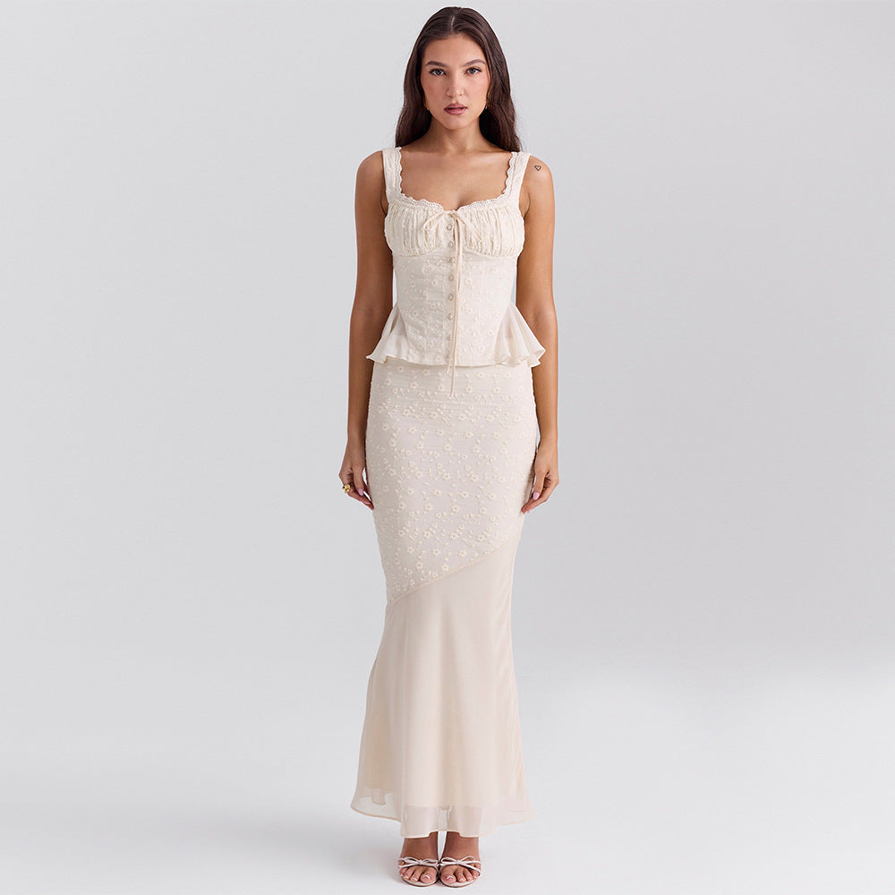 Elegant Lace Two-Piece Slim Fishtail Overskirt Suit