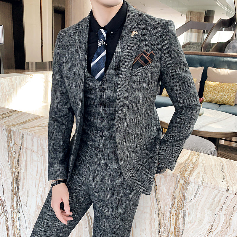 Slim-fit Check Pattern Three-piece Men's Casual Suit