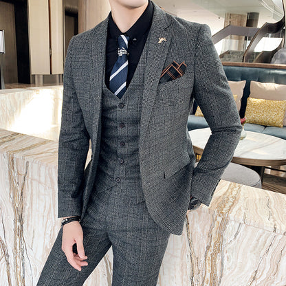 Slim-fit Check Pattern Three-piece Men's Casual Suit