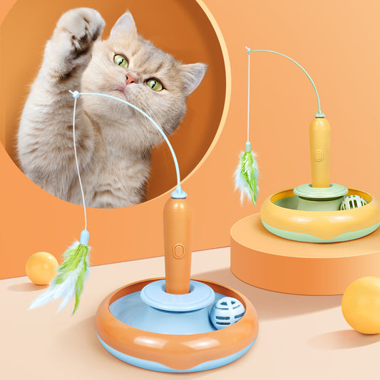 2-in-1 Cat Turntable Toy with Feather Chase Fun