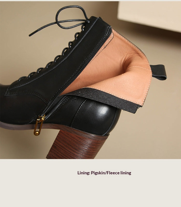 Women's Thick-Heel Martin Boots Lace-Up Ankle - Genuine Leather