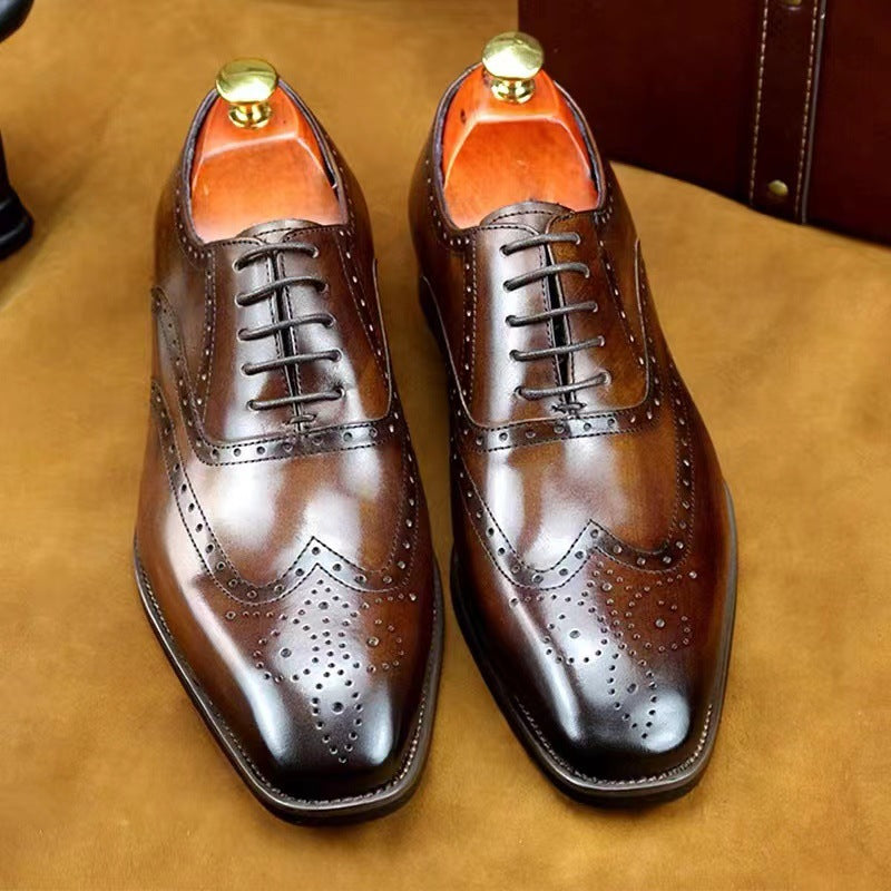 Classic British Brogue Engraved Men’s Shoes in Genuine Leather