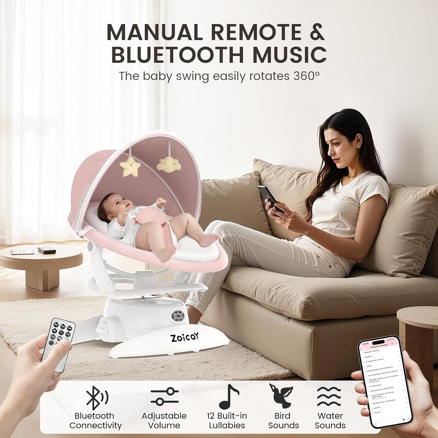 Baby Swing with Motion Sensor, Music, and 3 Modes