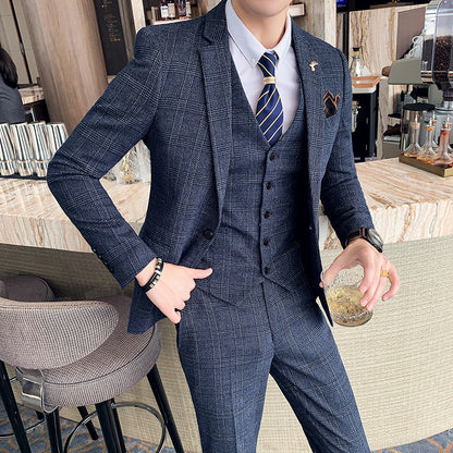 Slim-fit Check Pattern Three-piece Men's Casual Suit