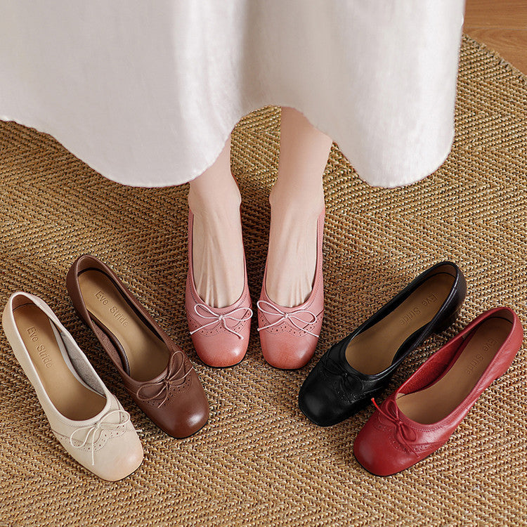 Women Gentle Bow Mid-Heel Genuine Leather Shoes