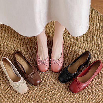 Women Gentle Bow Mid-Heel Genuine Leather Shoes