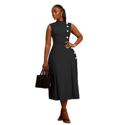 Elegant Women's Fitted Waist Stand Collar Sleeveless Button Dress