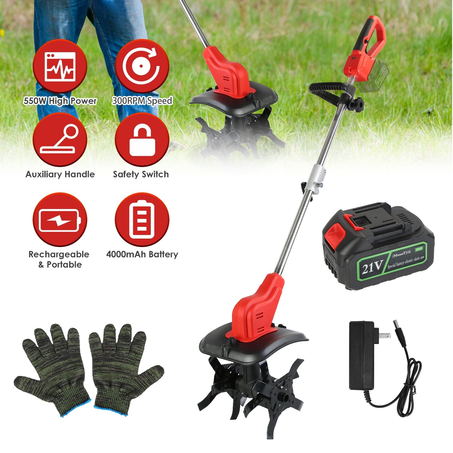 Electric Cordless Lawn Tiller – 4 Blades, 16 Tines
