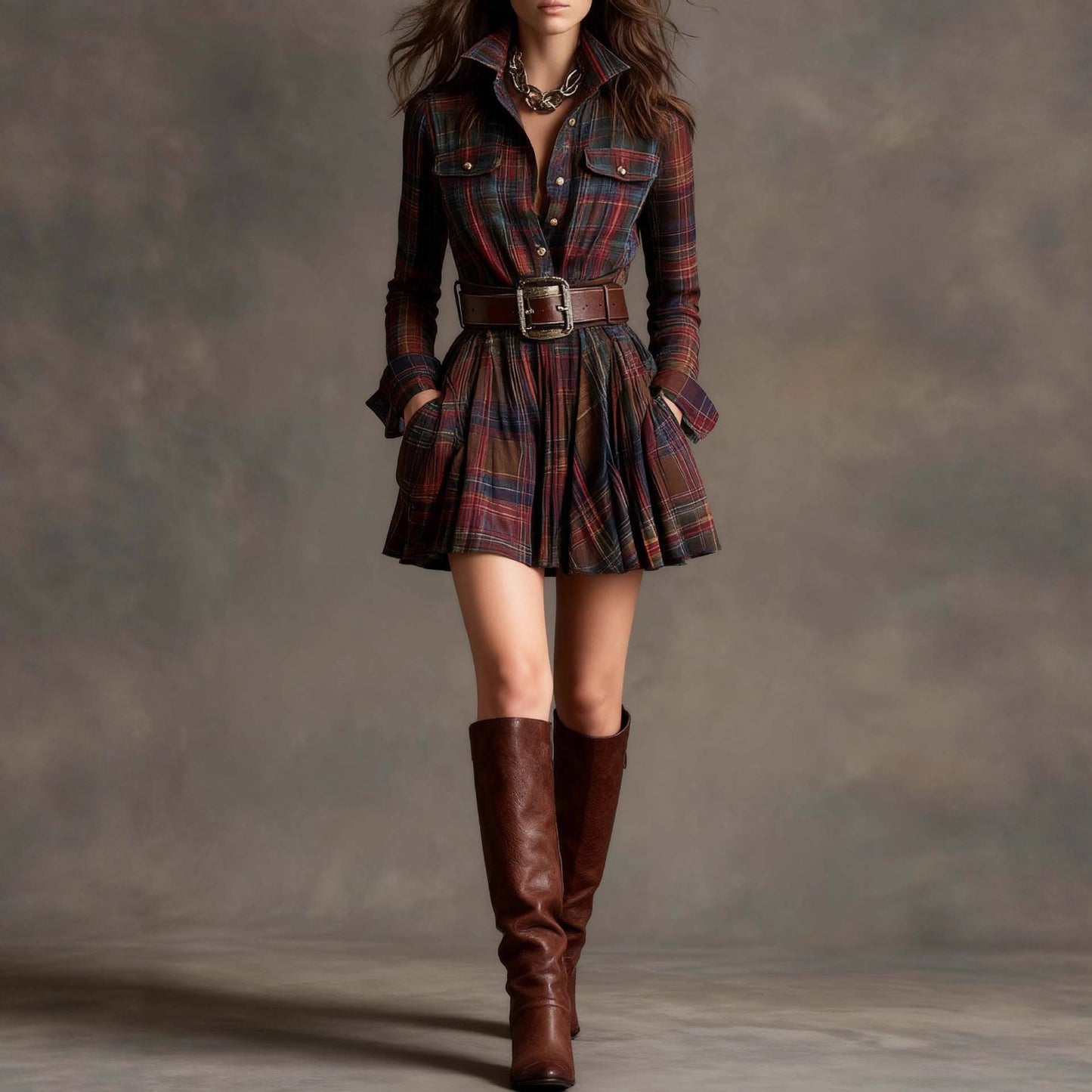 Elegant Women’s Elegant Plaid Short Dress with Belt