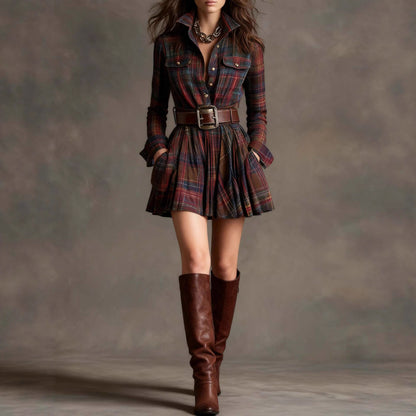 Elegant Women’s Elegant Plaid Short Dress with Belt