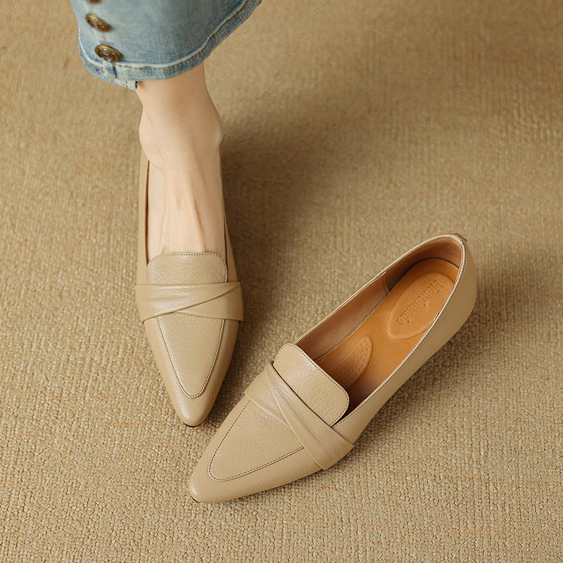 Genuine Sheepskin Leather Chunky Heel Pointed Toe Dress Shoes