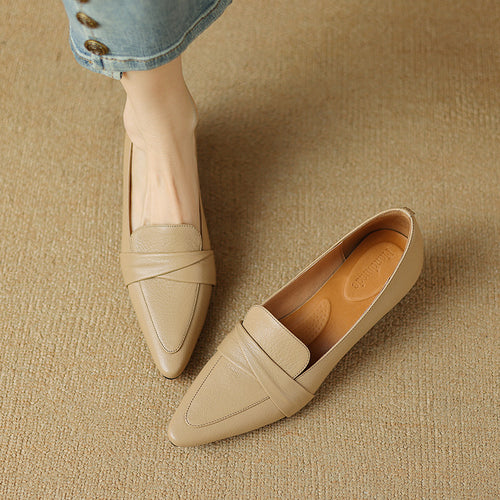 Genuine Sheepskin Leather Chunky Heel Pointed Toe Dress Shoes
