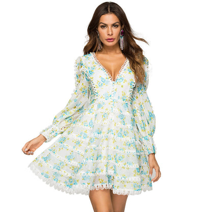 Elegant Women's Floral Court Dress V-Neck Print