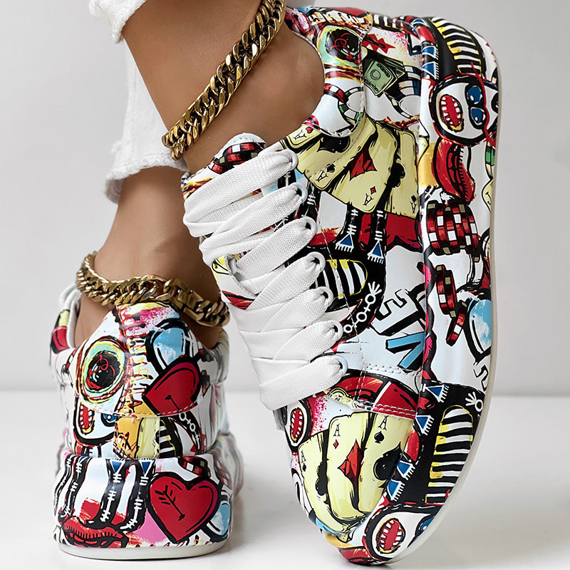 Women’s Random Print Lace-Up Sneakers Sporty Casual Style