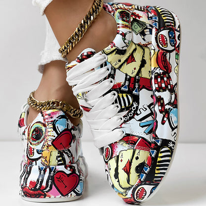 Women’s Random Print Lace-Up Sneakers Sporty Casual Style