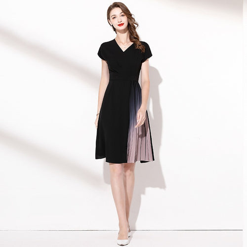 Women’s Elegant Pleated Black Dress – Slim Patchwork Style