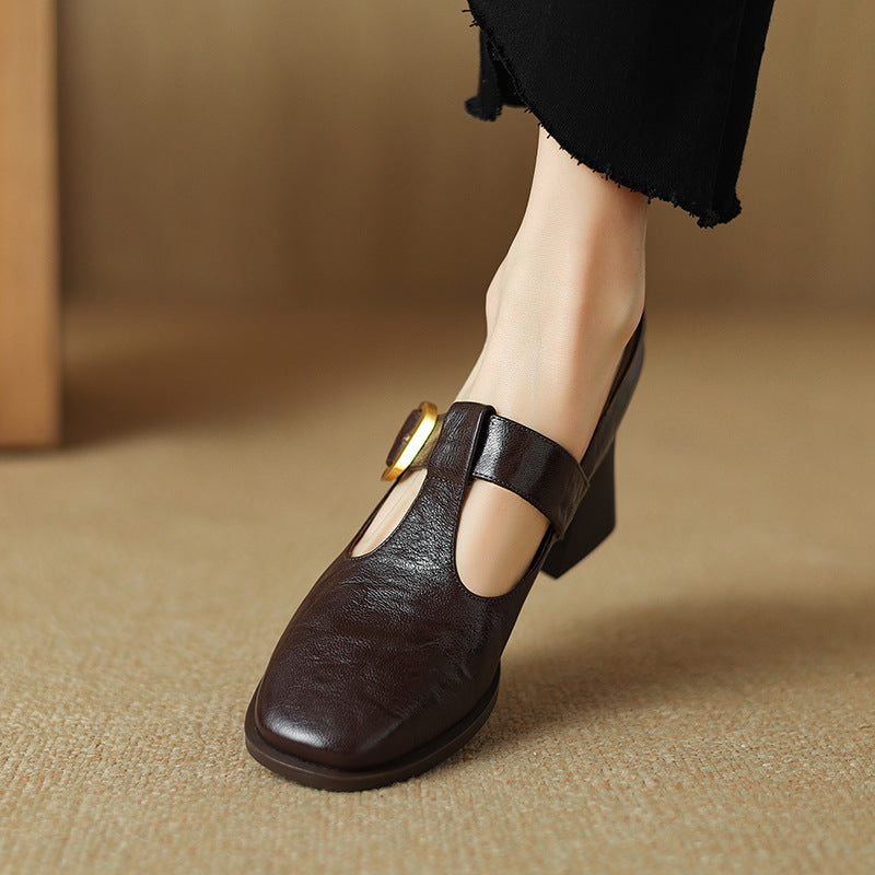 Mary Jane Leather Shoes Retro Square-toe Pumps
