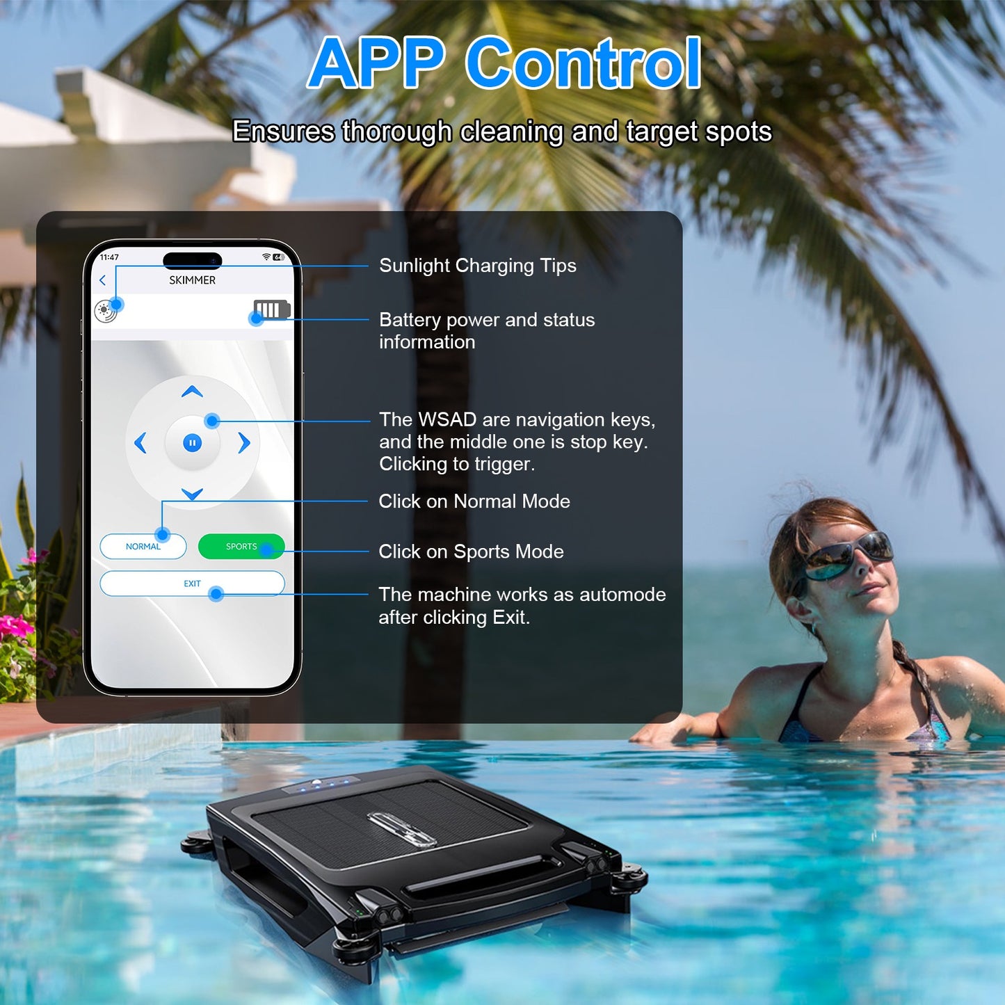 Solar Robotic Pool Cleaner – Automatic Skimmer, App Controlled