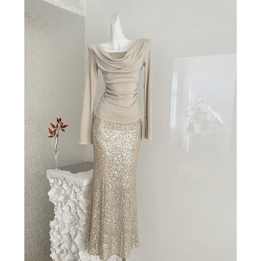 Champagne Gold Sequin Two-Piece Formal Party Dress