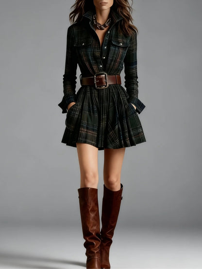 Elegant Women’s Elegant Plaid Short Dress with Belt