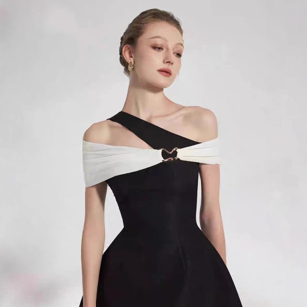 Summer Hepburn-Style Color-Block Off-Shoulder Sexy Dress