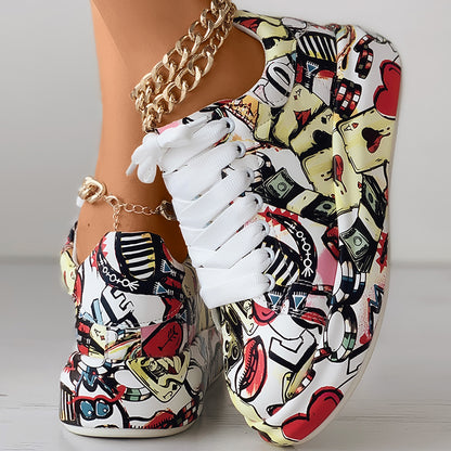 Women’s Random Print Lace-Up Sneakers Sporty Casual Style