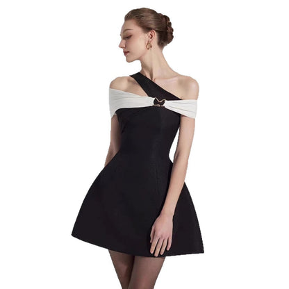 Summer Hepburn-Style Color-Block Off-Shoulder Sexy Dress