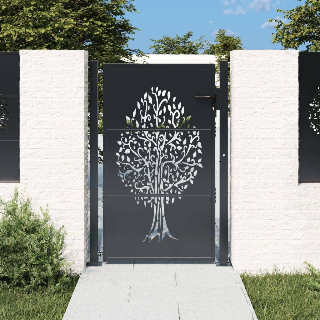 Elegant Anthracite Garden Gate with Tree Artwork