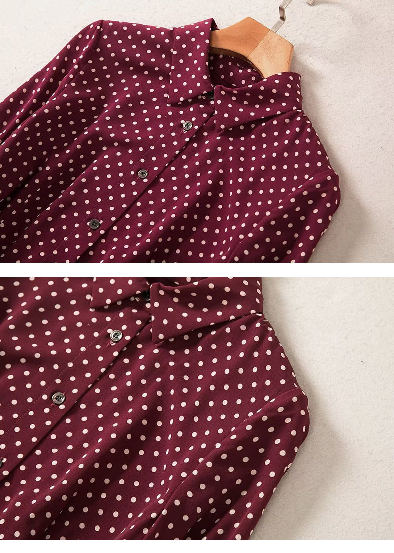 Elegant Pleated Retro Temperament Wine Red Polka Dots Dress