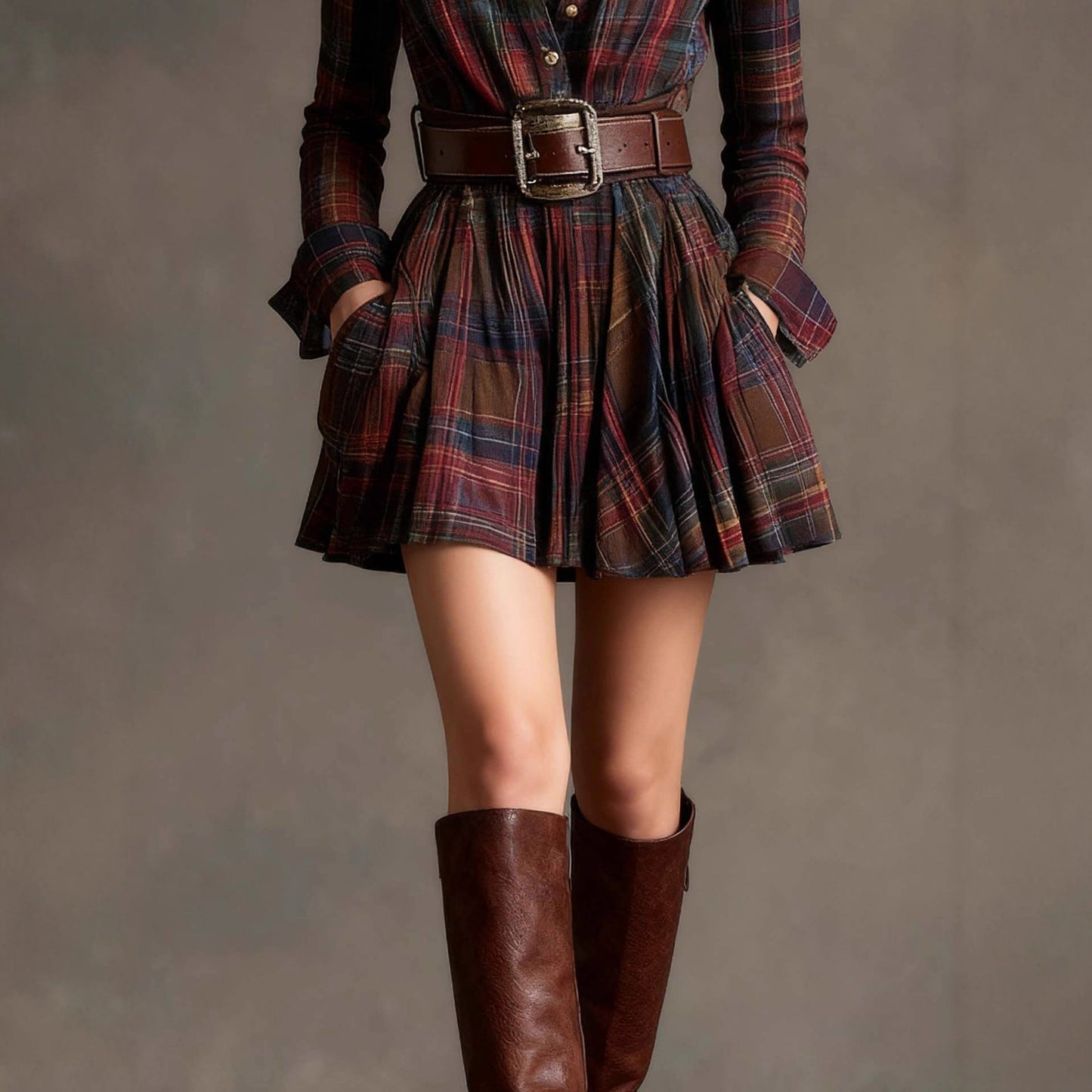 Elegant Women’s Elegant Plaid Short Dress with Belt
