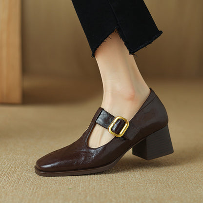 Mary Jane Leather Shoes Retro Square-toe Pumps