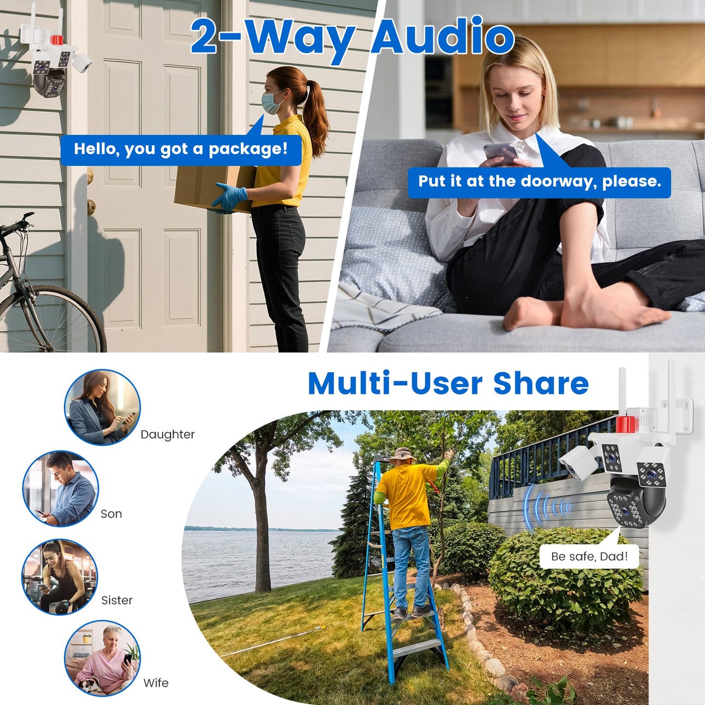 1080P HD 4-Way Camera, Spotlights & Siren, Two-Way Audio