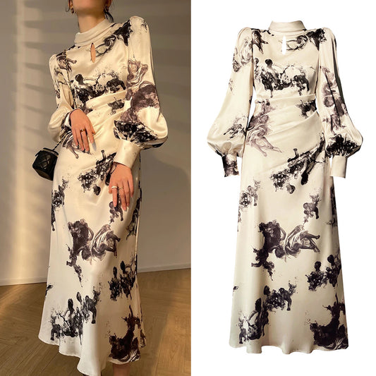 Glossy Retro Dress Women's Hollow Stand Collar