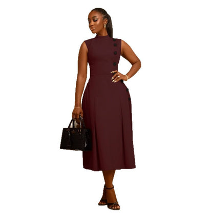 Elegant Women's Fitted Waist Stand Collar Sleeveless Button Dress