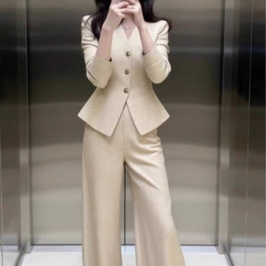 Waist-grabbing Beige Coat And Wide-leg Pants Set