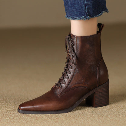 Women's Thick-Heel Martin Boots Lace-Up Ankle - Genuine Leather