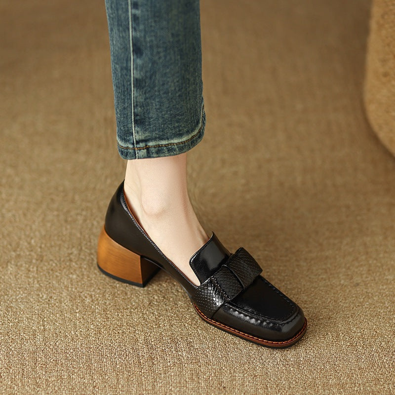 Elegant Genuine Women’s Leather Shoes with Chunky Mid Heel