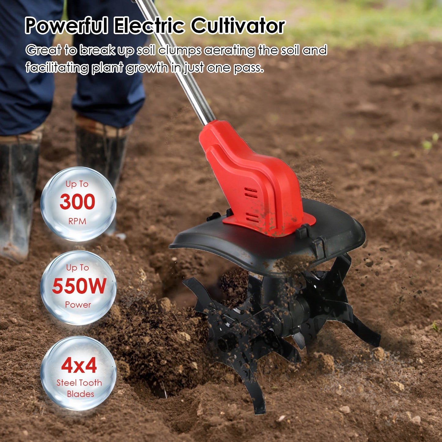 Electric Cordless Lawn Tiller – 4 Blades, 16 Tines