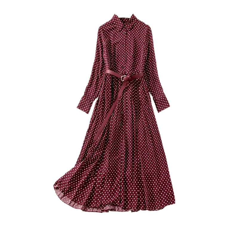 Elegant Pleated Retro Temperament Wine Red Polka Dots Dress